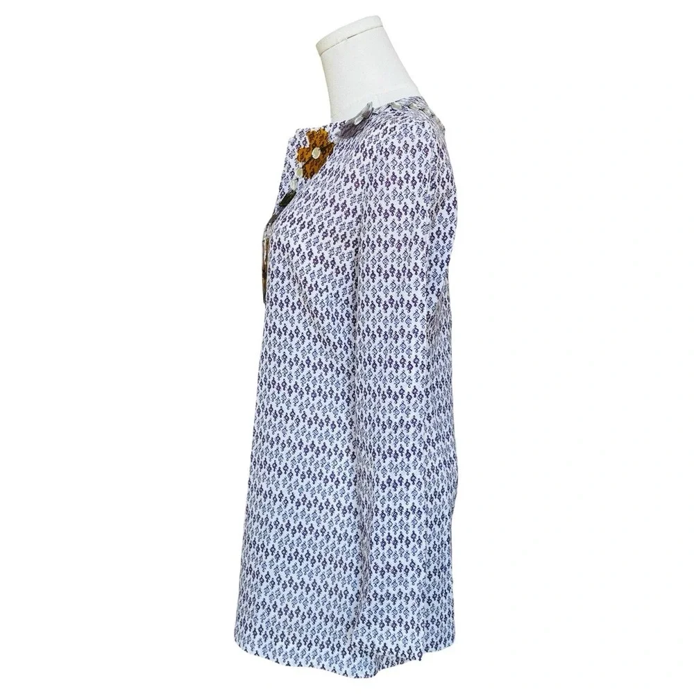 Tory Burch Sz 6 Printed Cotton And‎ Silk V Neck Tunic Top Purple Beaded Neckline